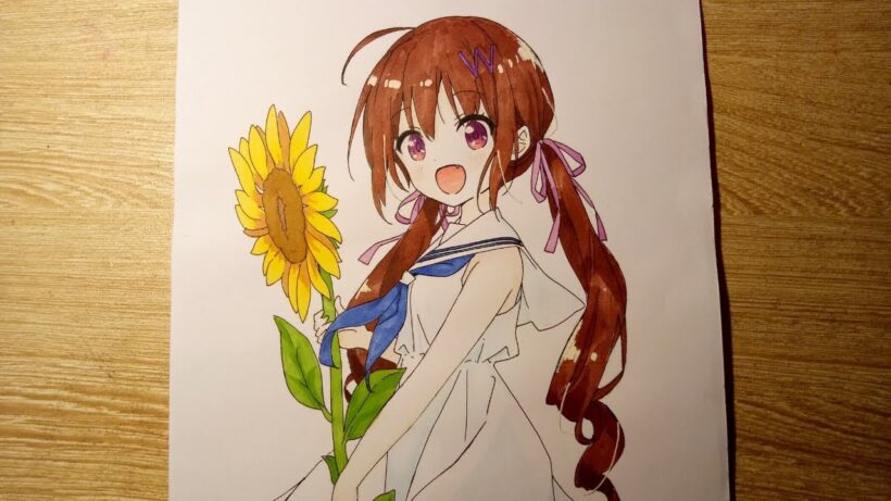 tranh vẽ anime nữ và hoa hướng dương