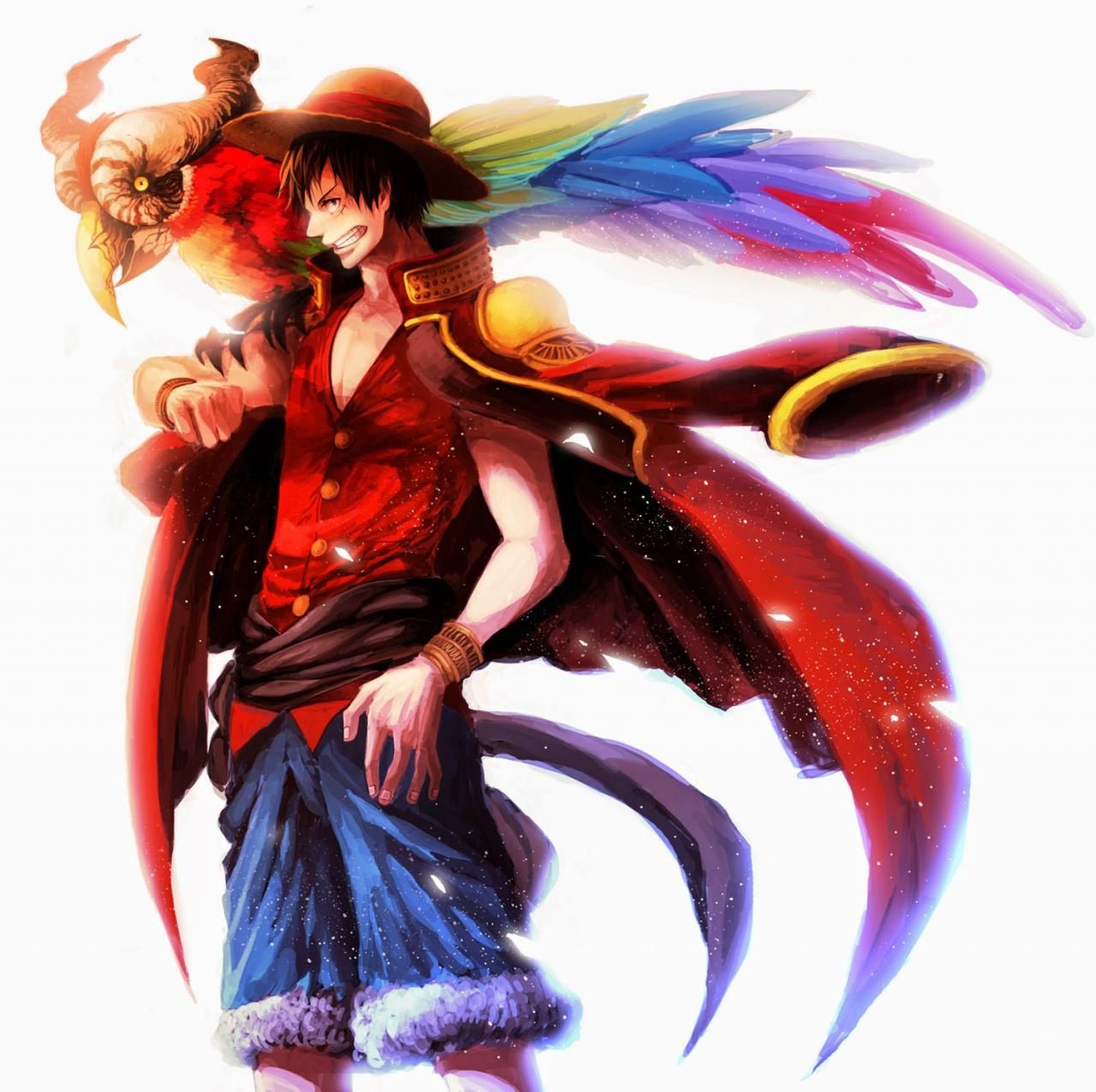 Hình ảnh Luffy cực ngầu với lông vũ màu sắc