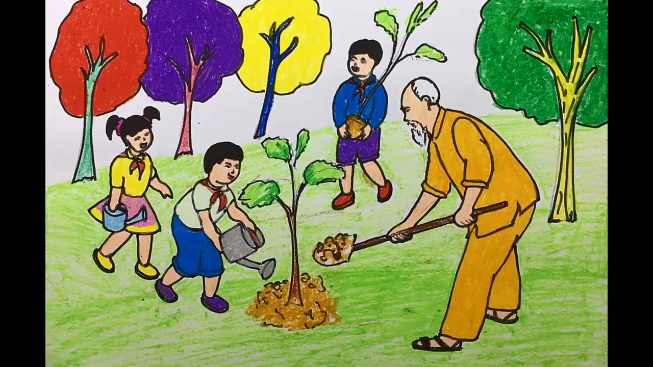 vẽ tranh bác hồ cùng các em thiếu nhi trồng cây đơn giản