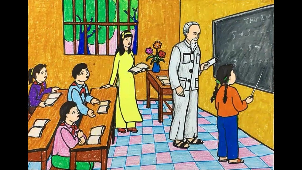 vẽ tranh về bác hồ dạy học các em thiếu nhi