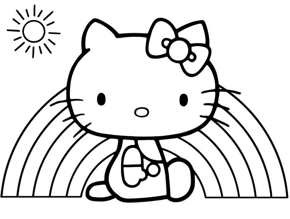 Tranh tô màu cầu vồng và mèo Hello Kitty