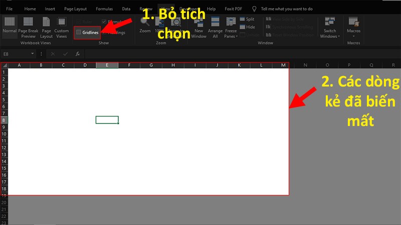 Bỏ tích ô Gridlines để xóa dòng kẻ ô trong Excel