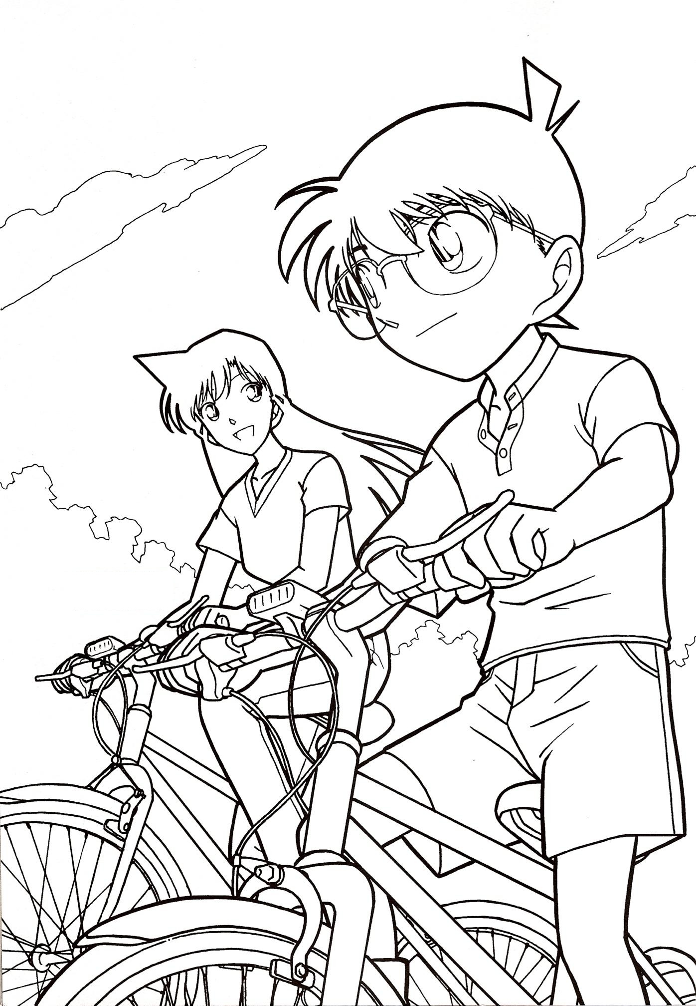 Tranh tô màu Conan đi xe đạp