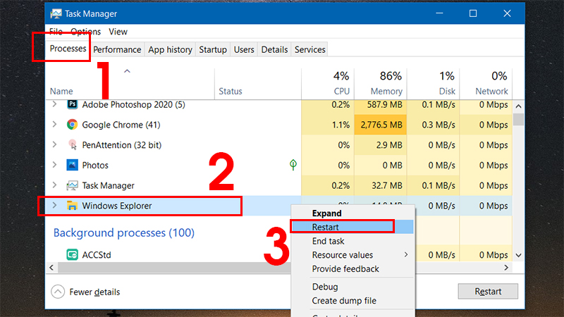 Khởi động lại trình quản lý Windows Explorer thông qua Task Manager