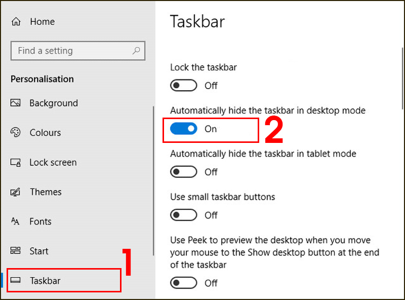Kích hoạt tính năng Automatically hide the taskbar in desktop mode