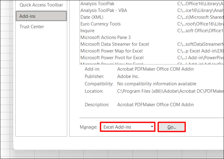 Tại mục Manage, chọn Excel Add-ins và nhấn Go